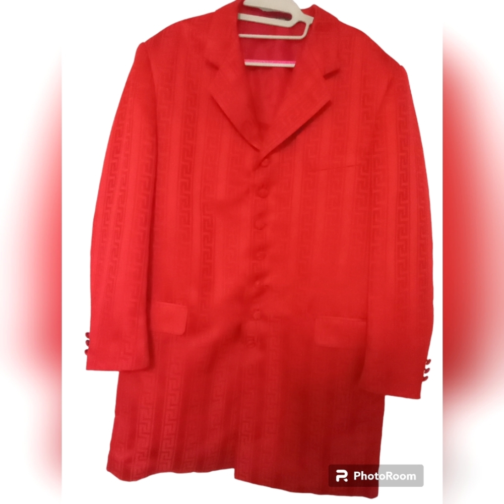 Satin Jacquard Greek Key Pattern Fully Lined Red Long Men's Jacket Size 42R